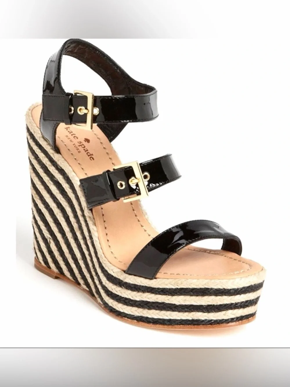 kate spade Lucie Black Patent Striped Espadrille Wedge Sandals - Size 11